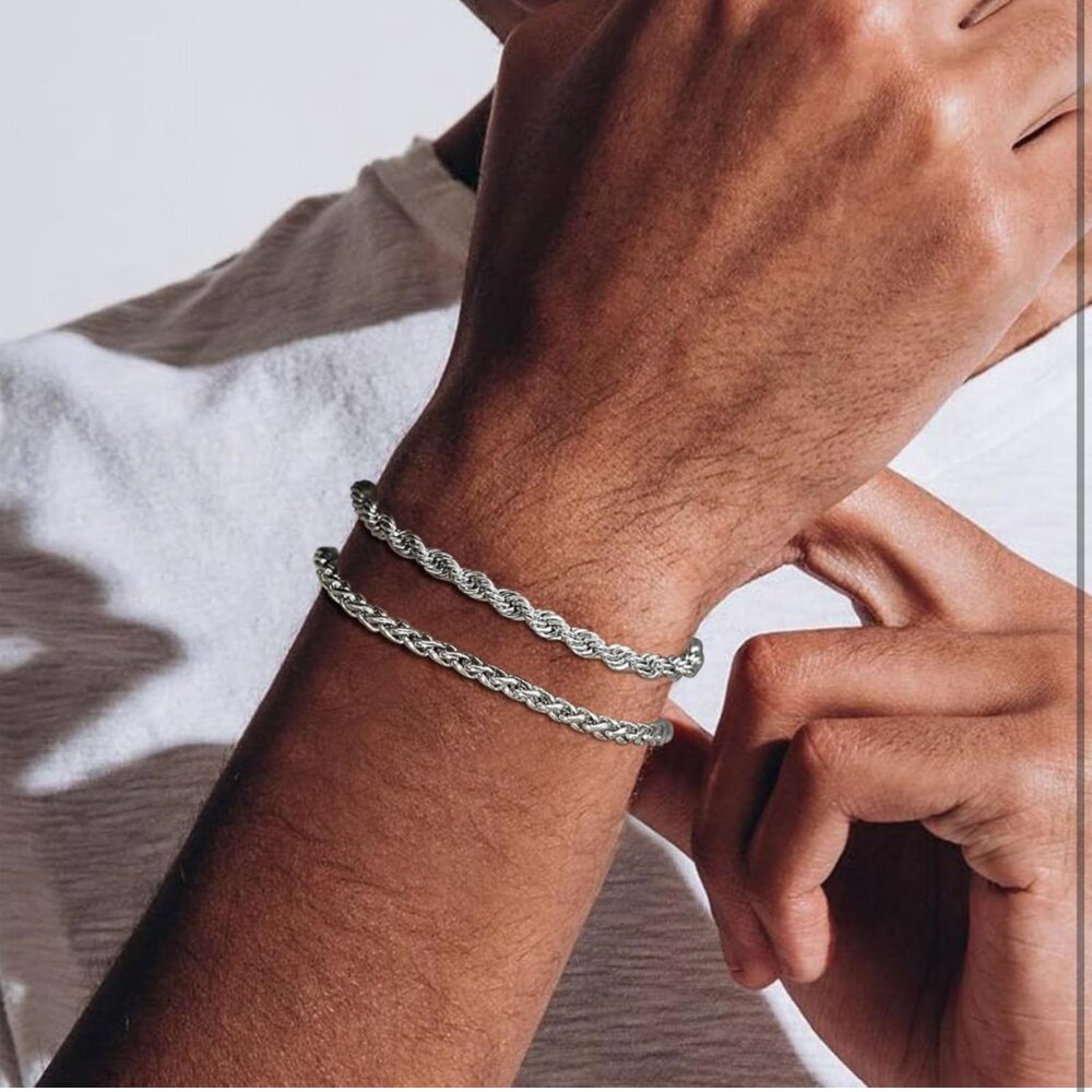Silver Cuban Chain Bracelet Set, Waterproof Stainless Steel, Adjustable - Picture 8 of 9